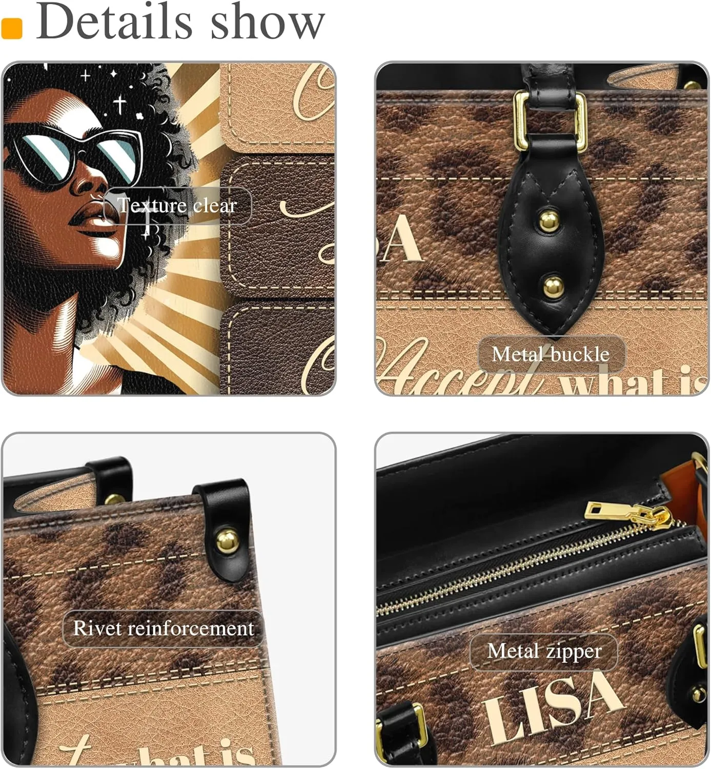 Personalized Leather Handbag with Zipper for African American Woman, Custom Purses Gift For Black Women, Mother's Day Gift