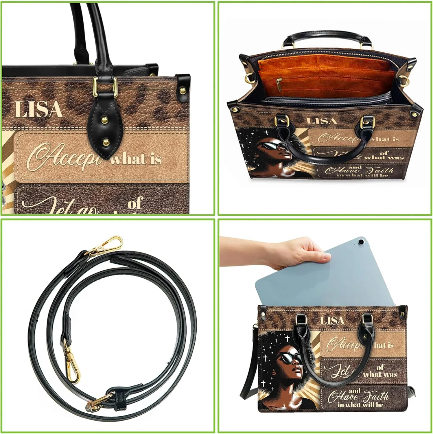 Personalized Leather Handbag with Zipper for African American Woman, Custom Purses Gift For Black Women, Mother's Day Gift