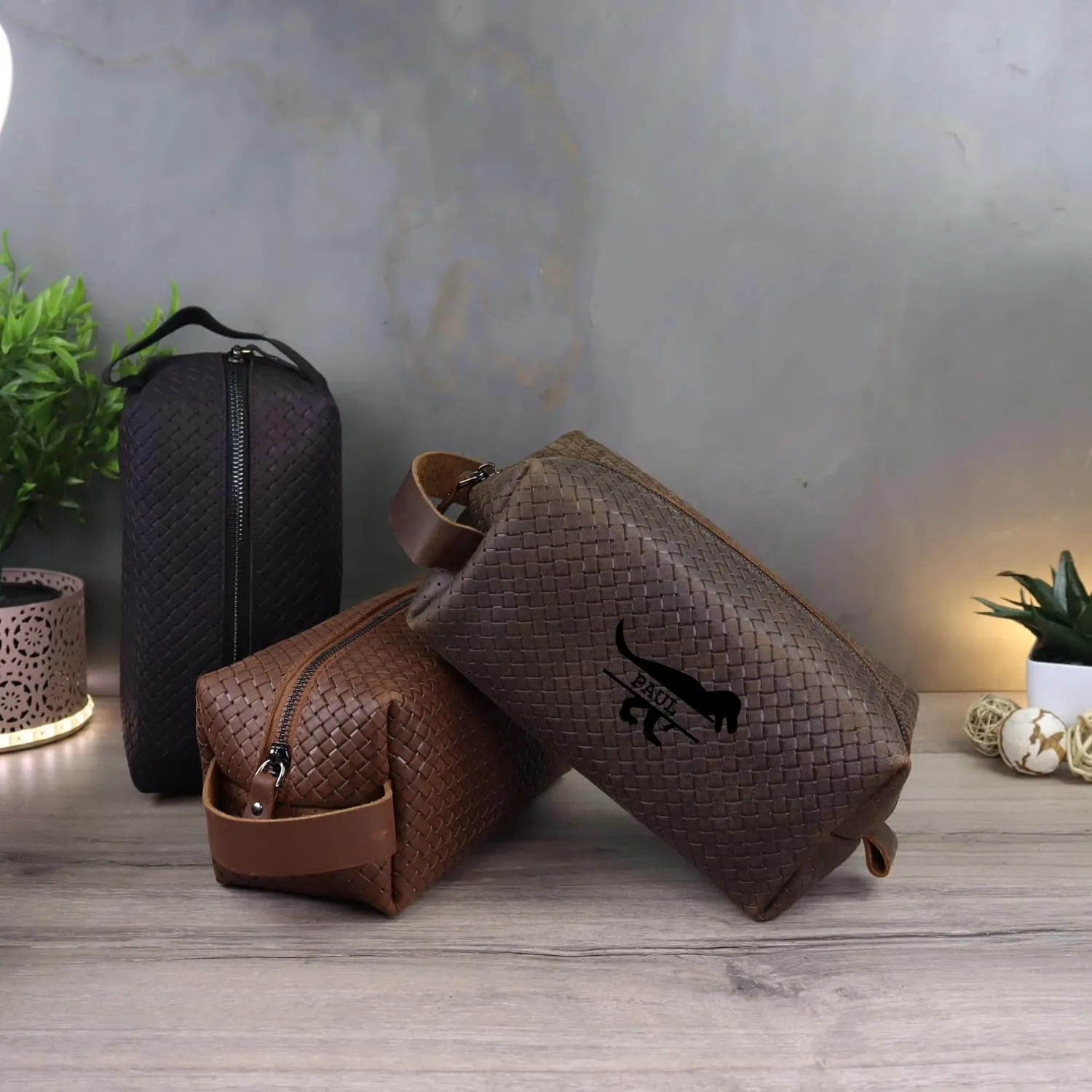Personalized Premium Genuine Leather Dopp Kit for Men - Handcrafted Toiletry Travel Bag with Monogram Option - Gift for Groomsmen, Father's Day, Anniversary, Wedding Gift for Groomsmen (Brown-2)