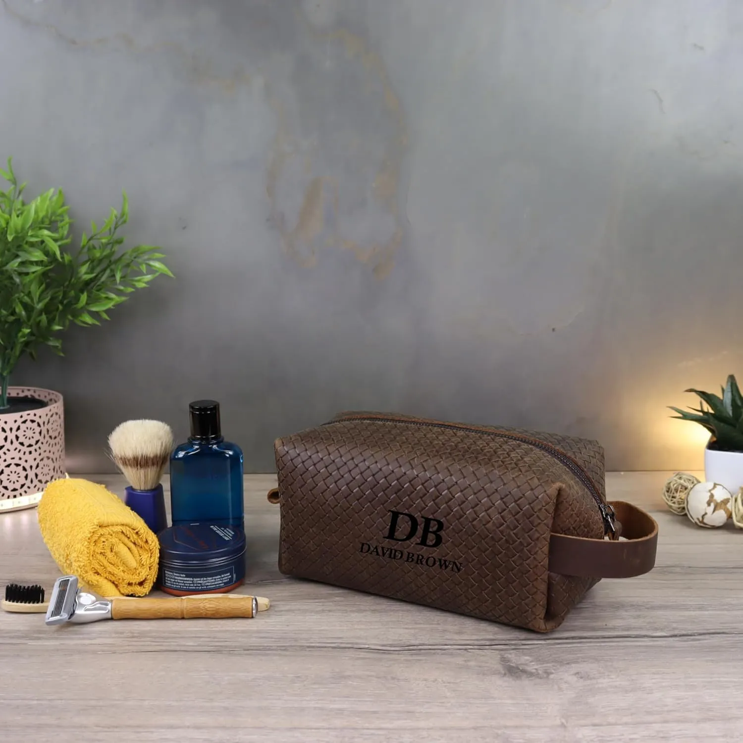 Personalized Premium Genuine Leather Dopp Kit for Men - Handcrafted Toiletry Travel Bag with Monogram Option - Gift for Groomsmen, Father's Day, Anniversary, Wedding Gift for Groomsmen (Brown-2)