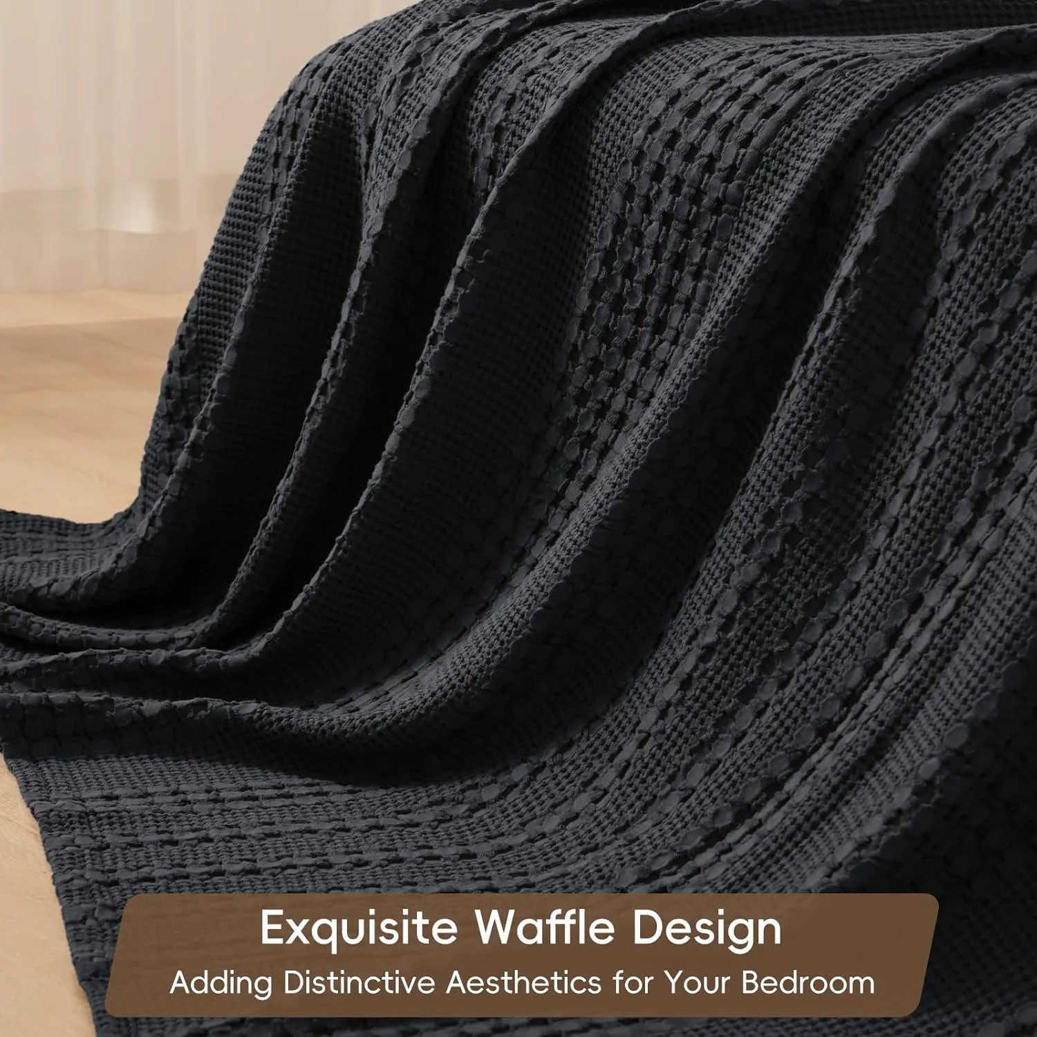 PHF 100% Cotton Waffle Weave Blanket Queen Size, Soft Lightweight Breathable Cozy Summer Blankets for Bed, Luxury Aesthetic Woven Bedding for Home Decor, 90"x90", Black