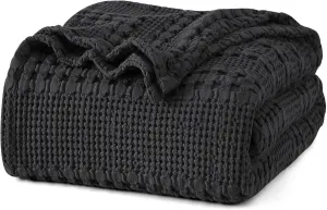 PHF 100% Cotton Waffle Weave Blanket Queen Size, Soft Lightweight Breathable Cozy Summer Blankets for Bed, Luxury Aesthetic Woven Bedding for Home Decor, 90"x90", Black