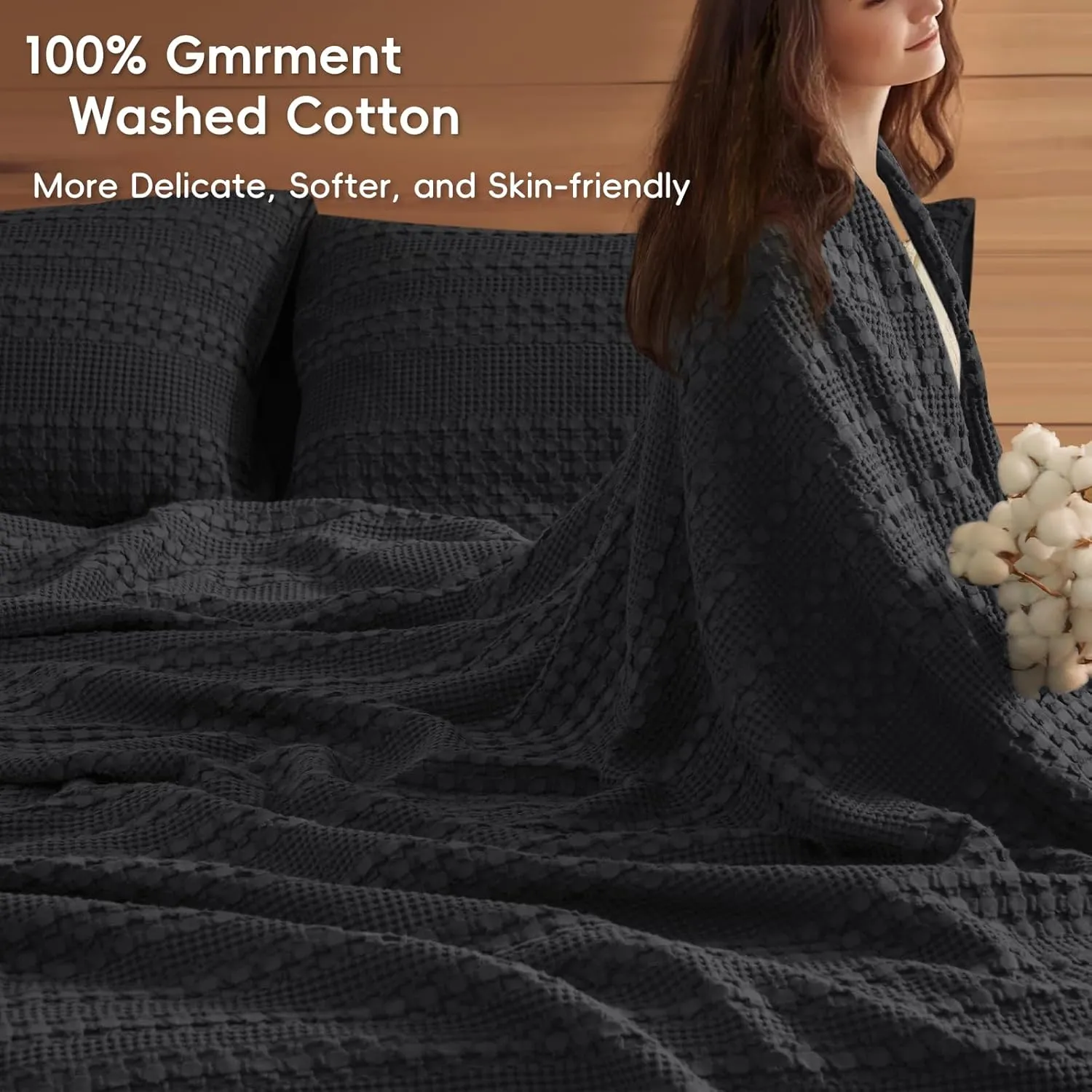 PHF 100% Cotton Waffle Weave Blanket Queen Size, Soft Lightweight Breathable Cozy Summer Blankets for Bed, Luxury Aesthetic Woven Bedding for Home Decor, 90"x90", Black