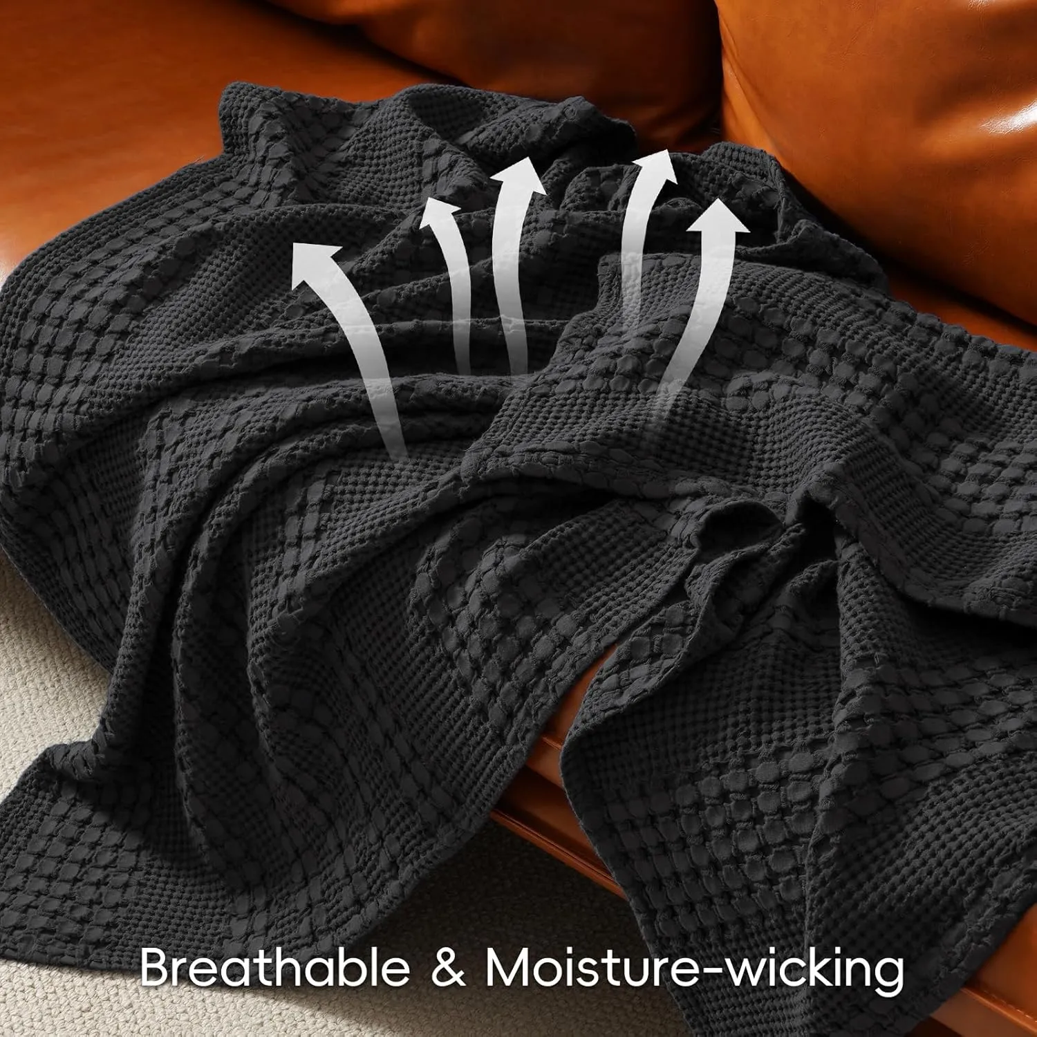 PHF 100% Cotton Waffle Weave Blanket Queen Size, Soft Lightweight Breathable Cozy Summer Blankets for Bed, Luxury Aesthetic Woven Bedding for Home Decor, 90"x90", Black