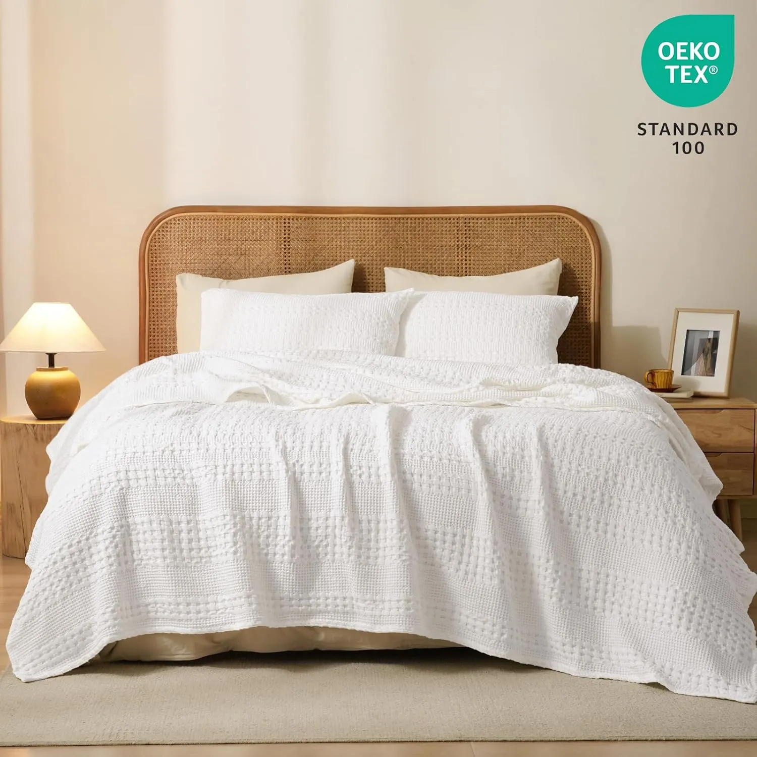 PHF 100% Cotton Waffle Weave Blanket Queen Size, Soft Lightweight Breathable Cozy Summer Blankets for Bed, Luxury Aesthetic Woven Bedding for Home Decor, 90"x90", White