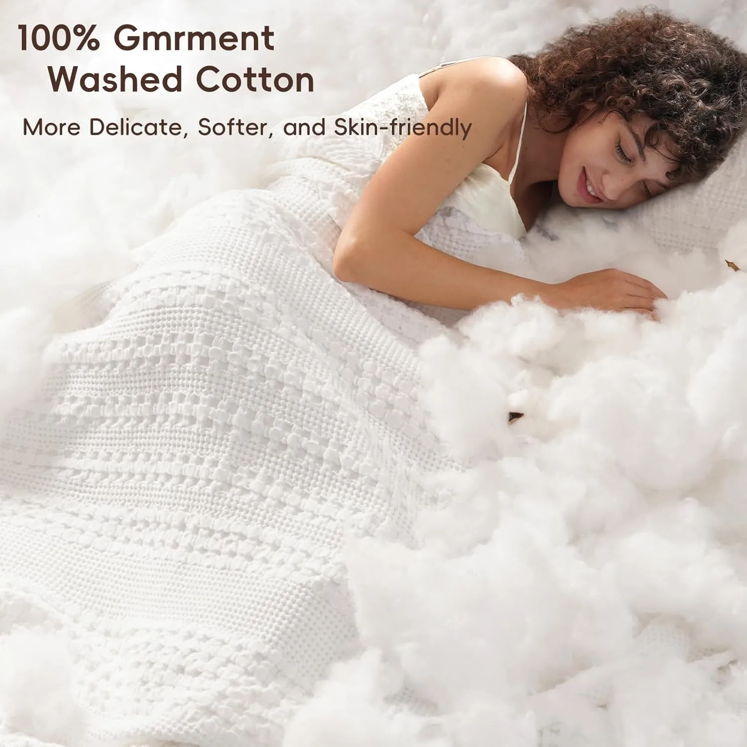 PHF 100% Cotton Waffle Weave Blanket Queen Size, Soft Lightweight Breathable Cozy Summer Blankets for Bed, Luxury Aesthetic Woven Bedding for Home Decor, 90"x90", White