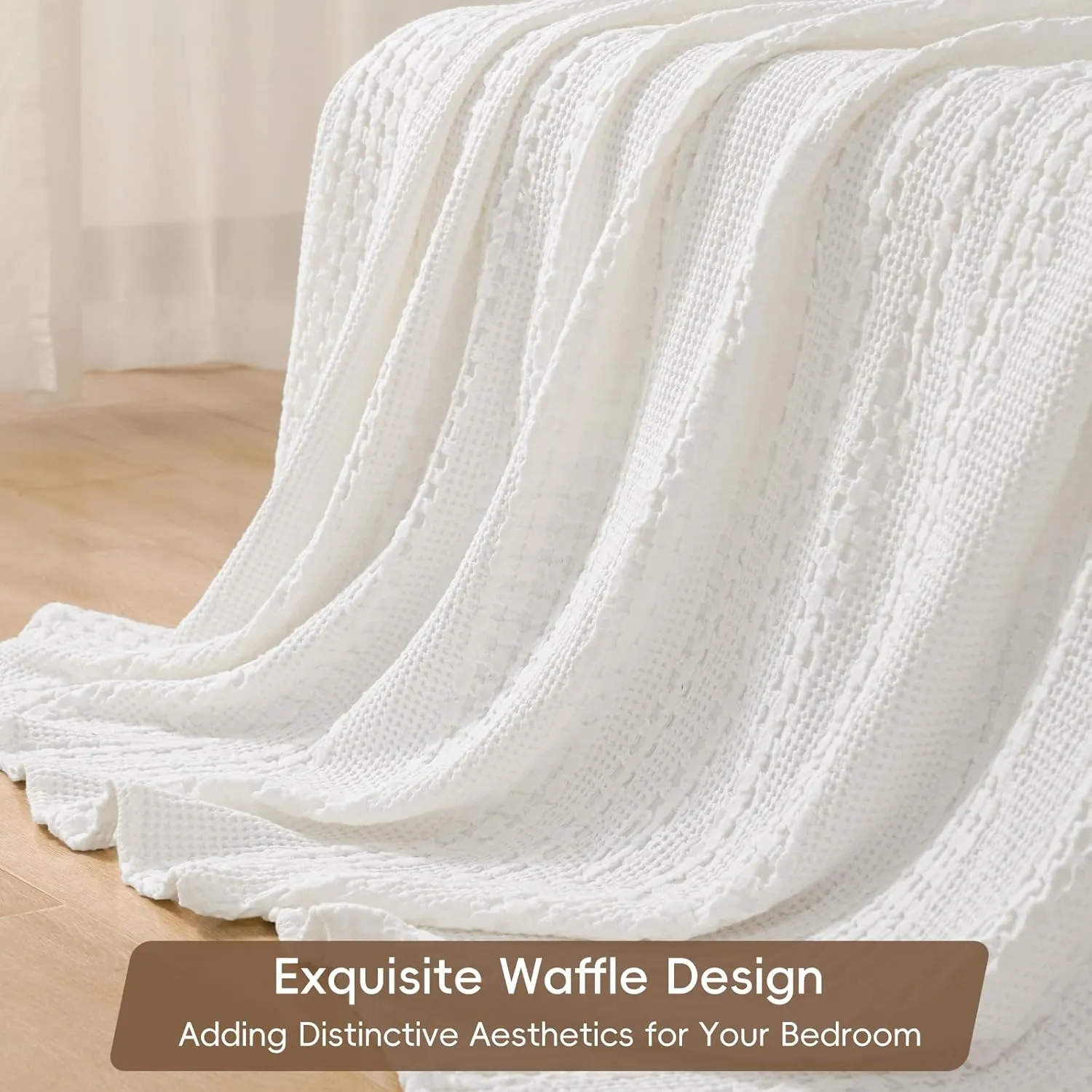 PHF 100% Cotton Waffle Weave Blanket Queen Size, Soft Lightweight Breathable Cozy Summer Blankets for Bed, Luxury Aesthetic Woven Bedding for Home Decor, 90"x90", White