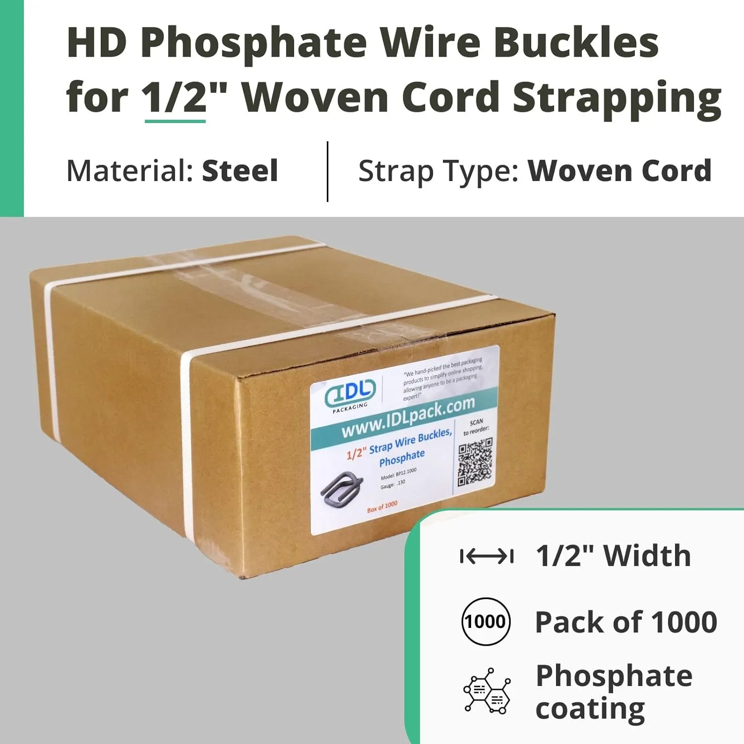 Phosphate Cord Strapping Buckles 1/2", Pack of 1000 - Heavy-Duty Metal Buckles with Phosphate Coating for Woven Cord Strapping - Reusable Metal Wire Buckle for Strapping - SKU BP-12 by IDL Packaging