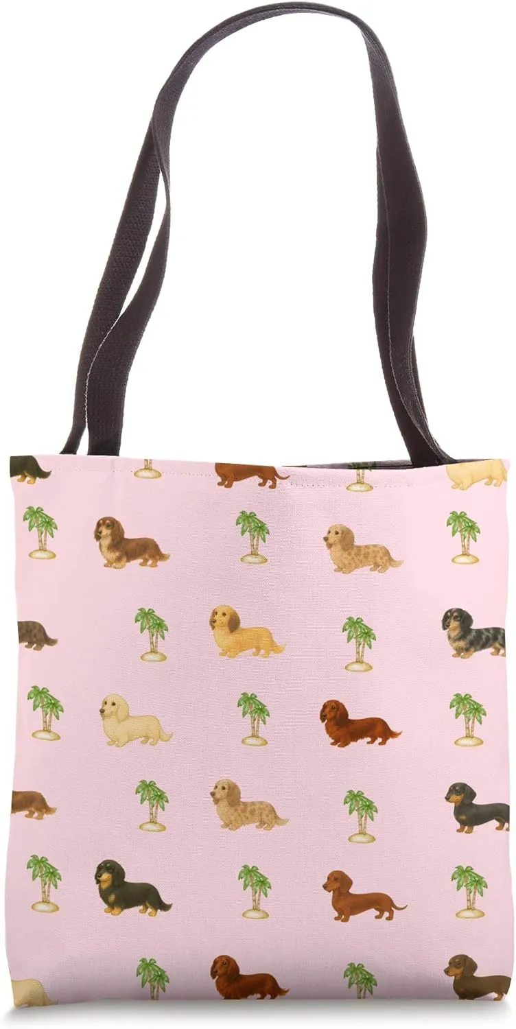 Pink Dachshund Pattern with Palm Trees Doxie Design Tote Bag