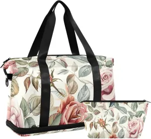 Pink Vintage Rose Travel Bag Weekender Overnight Bag with Toiletry Bag for Gym 2 Pcs Set