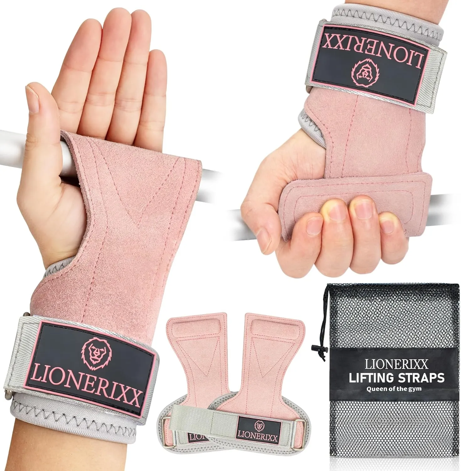 Pink Wrist Straps for Weightlifting Women - Dual Layer Leather Workout Grips for Deadlift and Powerlifting – Non-Slip Hand Wraps for Weight Lifting with Storage Bag