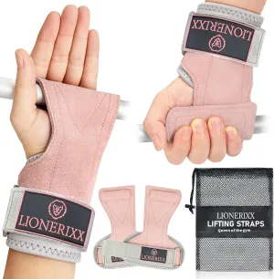 Pink Wrist Straps for Weightlifting Women - Dual Layer Leather Workout Grips for Deadlift and Powerlifting – Non-Slip Hand Wraps for Weight Lifting with Storage Bag