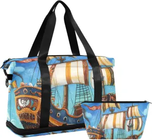 Pirate Ship Sailing on Mysterious Sea Travel Hand Bag Carry On Personal Item Bag with Adjustable Strap for Workout Waterproof