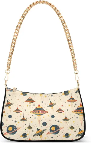 Planet with Flying Saucer Clutch Shoulder Bag for Women, Hobo Tote Handbag with Gold Chain, Crossbody Bag with Zipper Closure