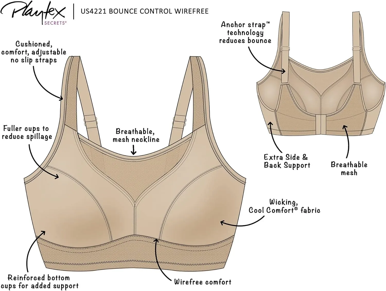 PLAYTEX Women's Secrets Bounce Control Wirefree, Anchorstrap Moisture Wicking Wireless Bra