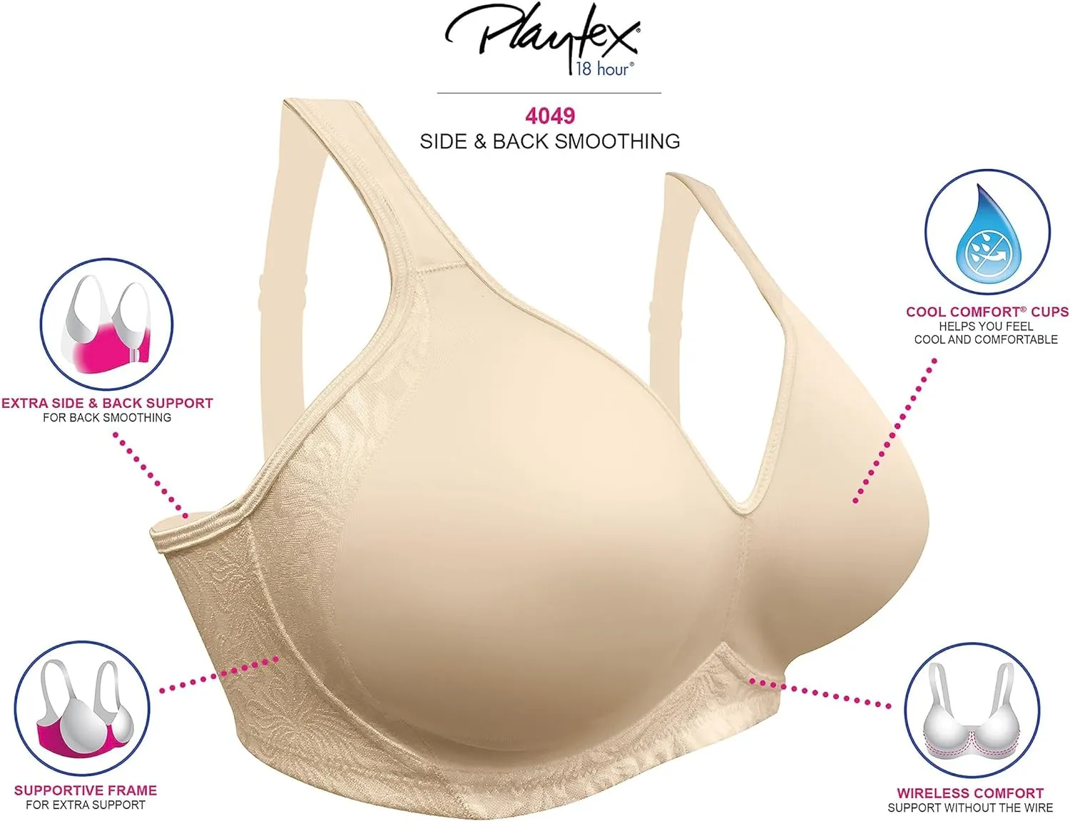 Playtex Women's Smoothing Wireless Bra, 18 Hour Plus-Size T-Shirt Bras Available, No Show, 4049