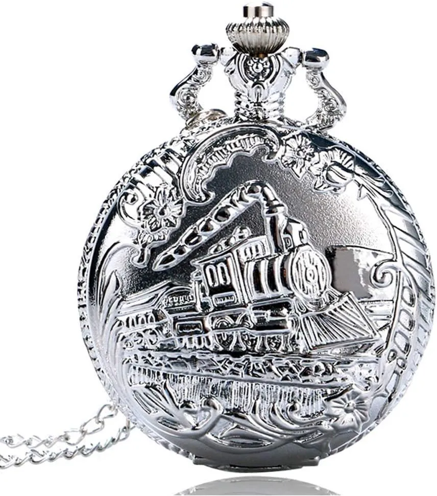 Pocket Watch Silver Train Head Travel Railway Pattern Pocket Watch for Men Pocket Watch Gift,Personalised Watch