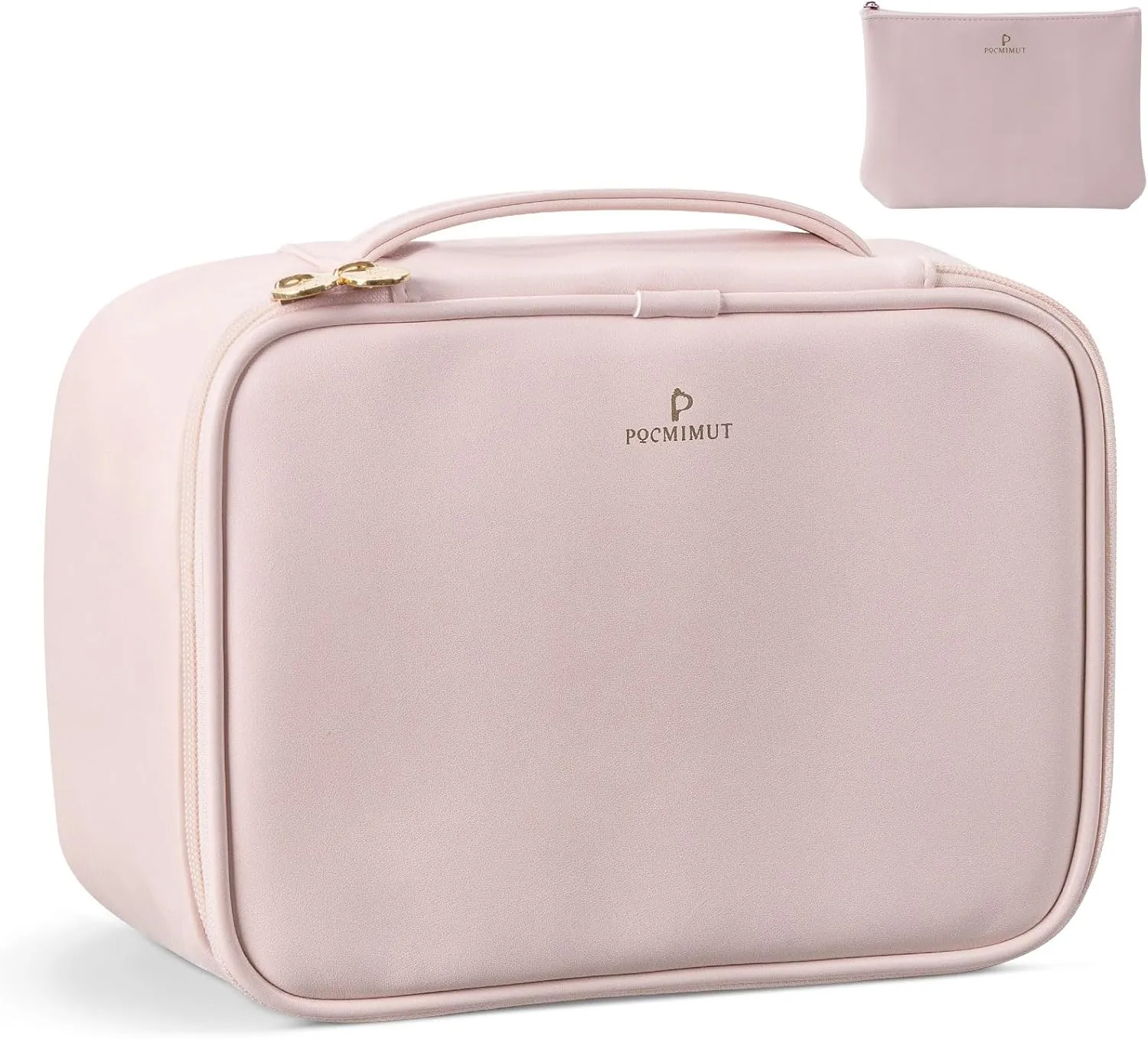 Pocmimut Makeup Bag,PU Leather Make Up Bag Cosmetic Bag,Large Makeup Bag with Brush Holder for Women(Pink)
