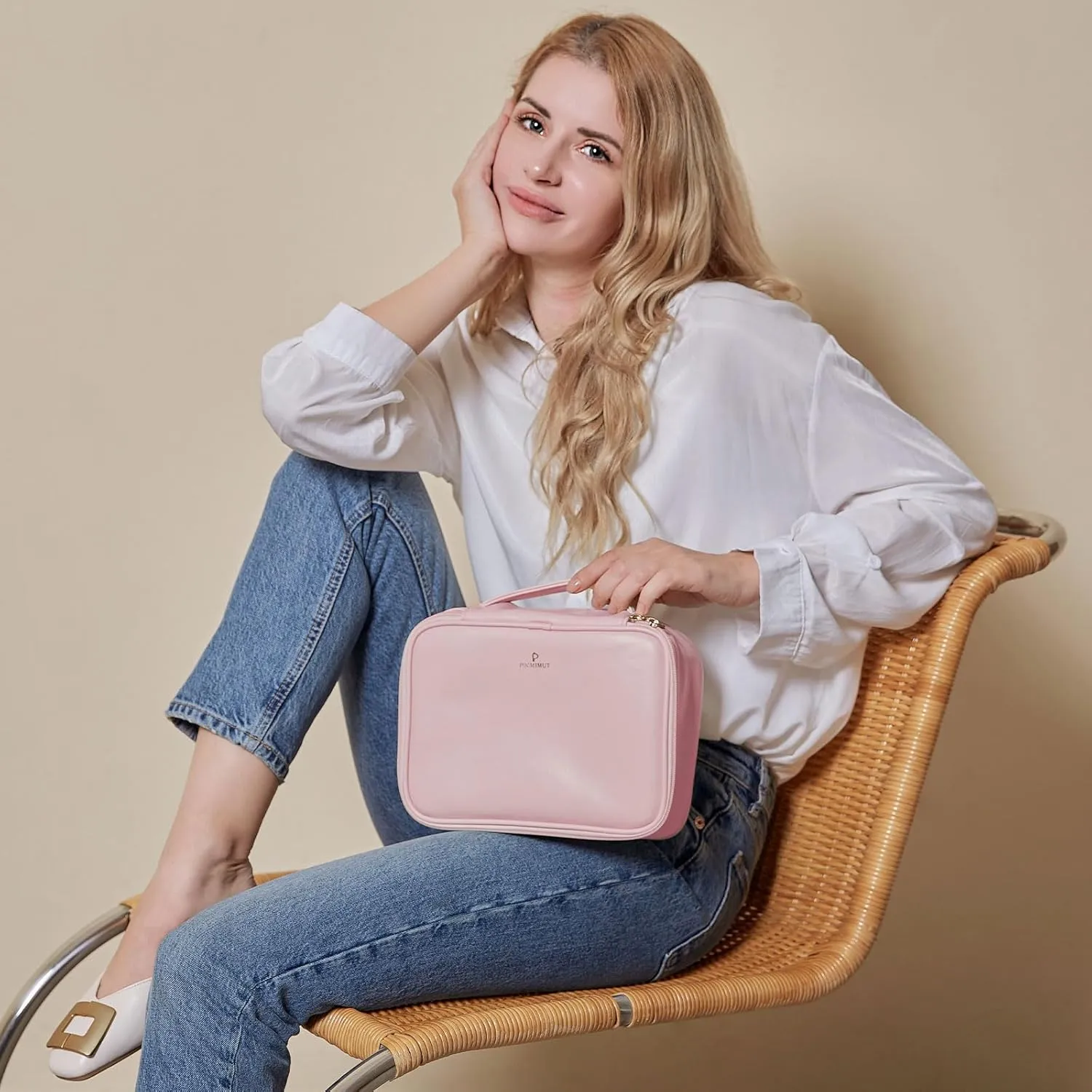 Pocmimut Makeup Bag,PU Leather Make Up Bag Cosmetic Bag,Large Makeup Bag with Brush Holder for Women(Pink)