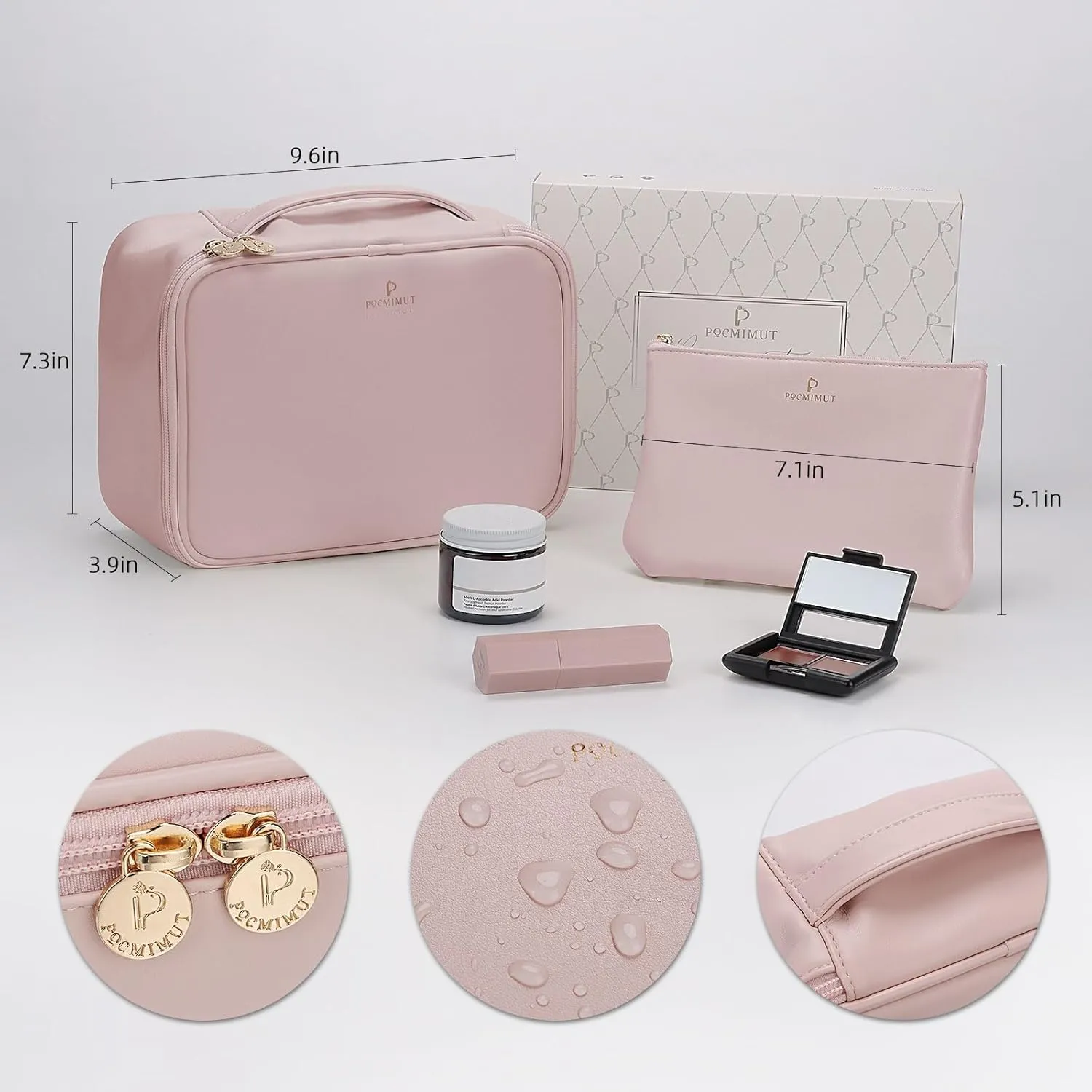Pocmimut Makeup Bag,PU Leather Make Up Bag Cosmetic Bag,Large Makeup Bag with Brush Holder for Women(Pink)