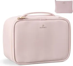 Pocmimut Makeup Bag,PU Leather Make Up Bag Cosmetic Bag,Large Makeup Bag with Brush Holder for Women(Pink)