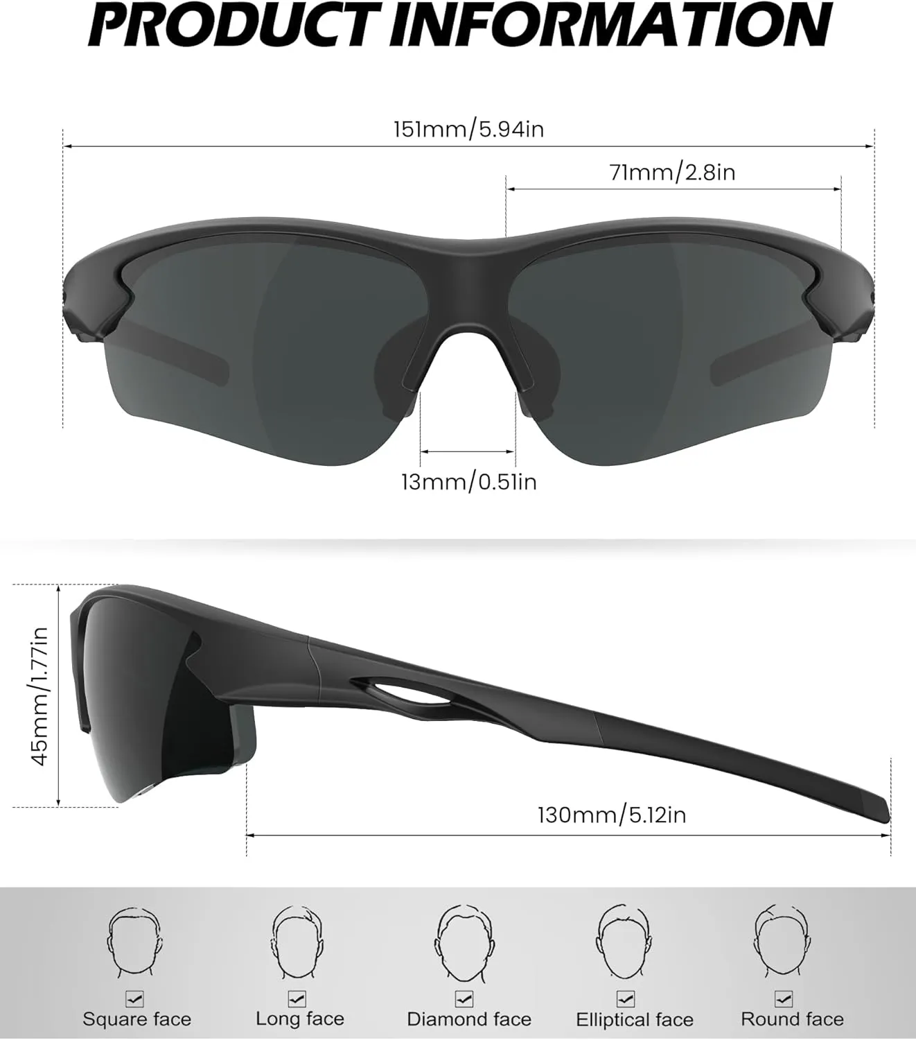 Polarized Sports Sunglasses for Men and Women - UV Protection Half Frame Sun Glasses for Running Baseball Fishing