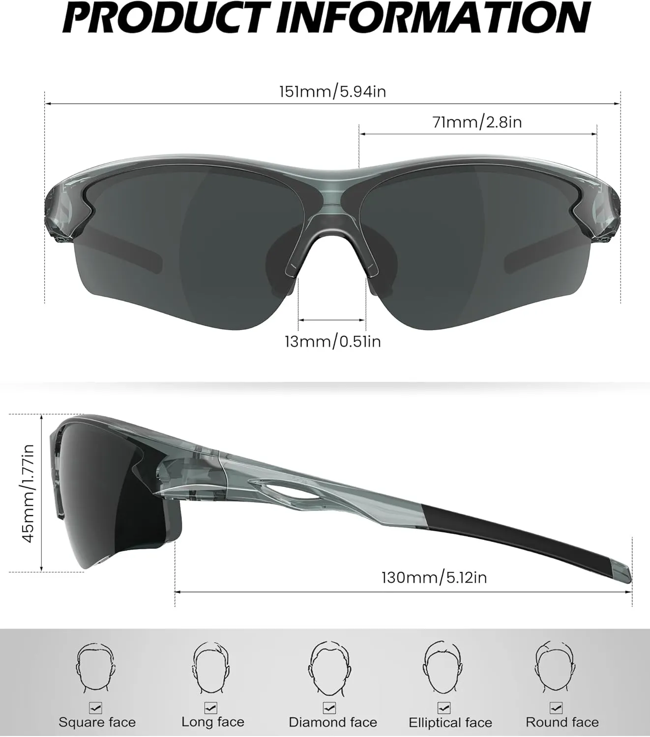 Polarized Sports Sunglasses for Men and Women - UV Protection Half Frame Sun Glasses for Running Baseball Fishing