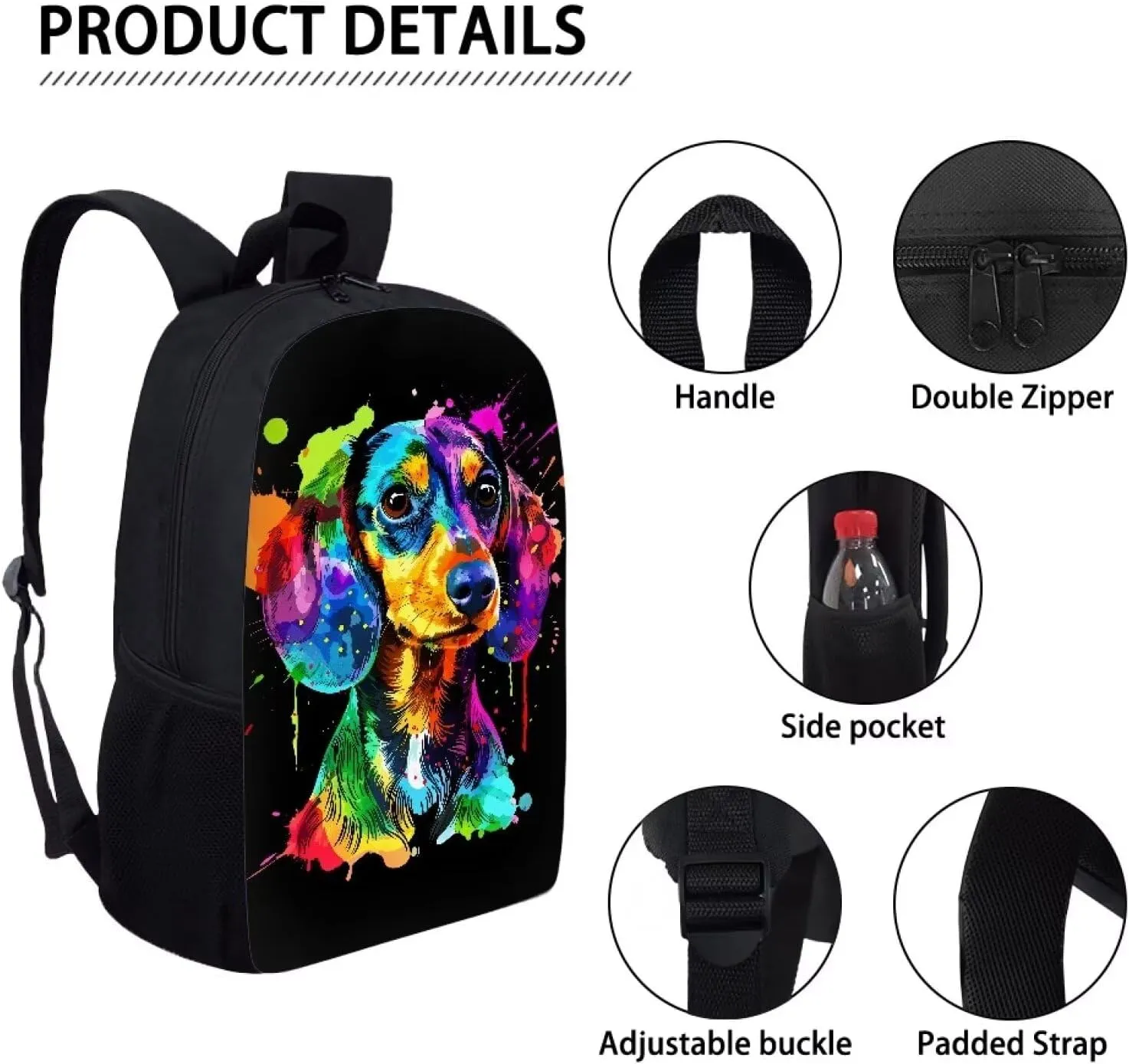 POLERO Splash Painting Dachshund Backpack for Sausage Dog Lovers Kids Bags Bookbag for School 17 Inch Casual Daypack for Men Women Teens