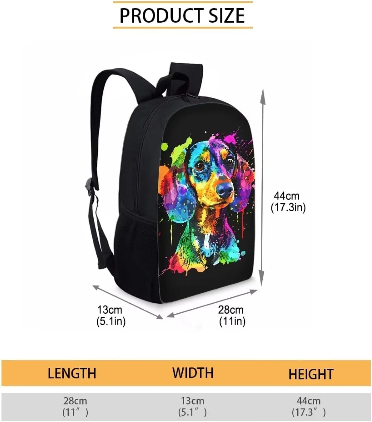 POLERO Splash Painting Dachshund Backpack for Sausage Dog Lovers Kids Bags Bookbag for School 17 Inch Casual Daypack for Men Women Teens