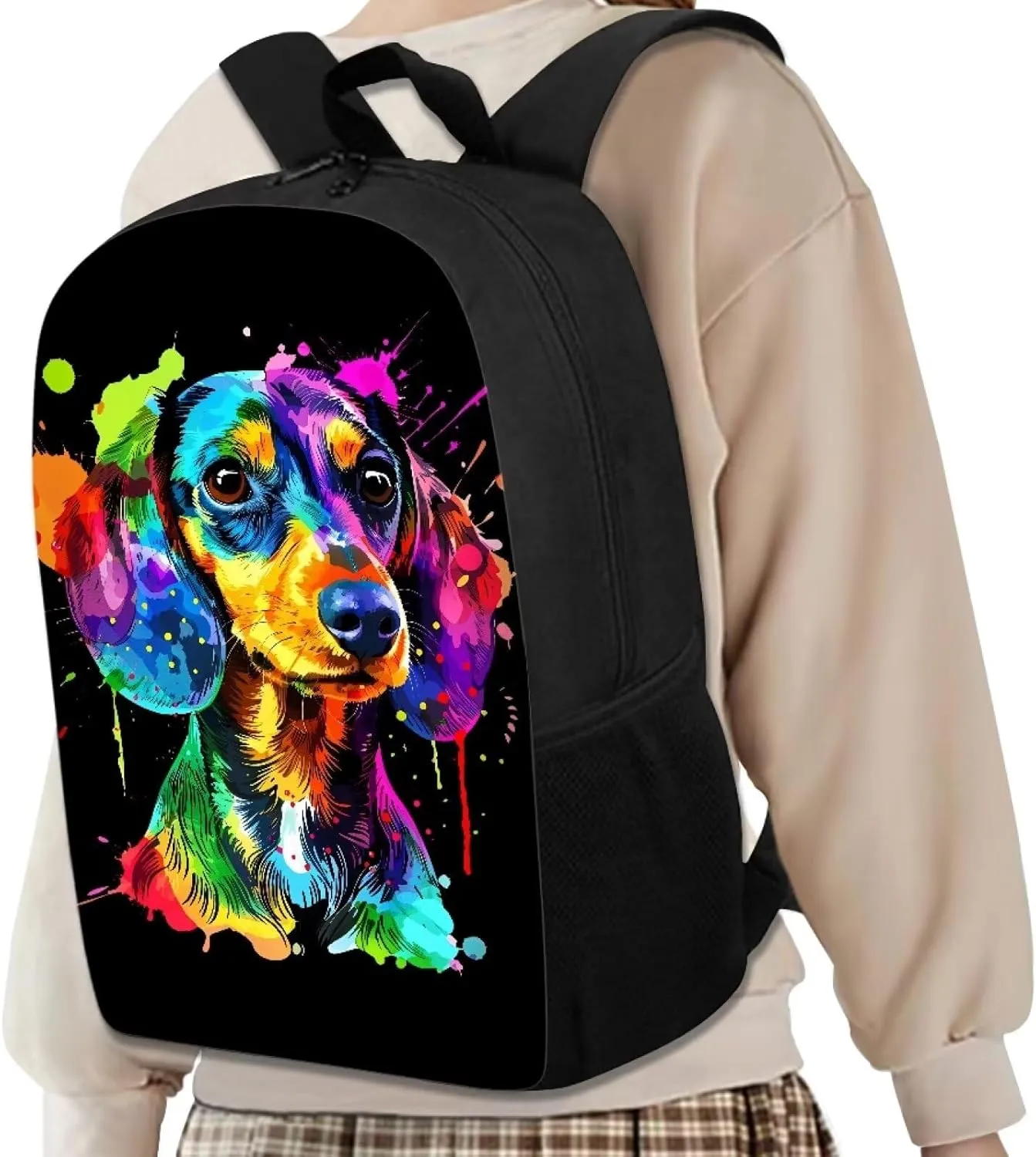 POLERO Splash Painting Dachshund Backpack for Sausage Dog Lovers Kids Bags Bookbag for School 17 Inch Casual Daypack for Men Women Teens