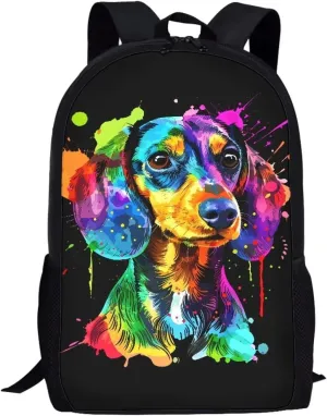 POLERO Splash Painting Dachshund Backpack for Sausage Dog Lovers Kids Bags Bookbag for School 17 Inch Casual Daypack for Men Women Teens