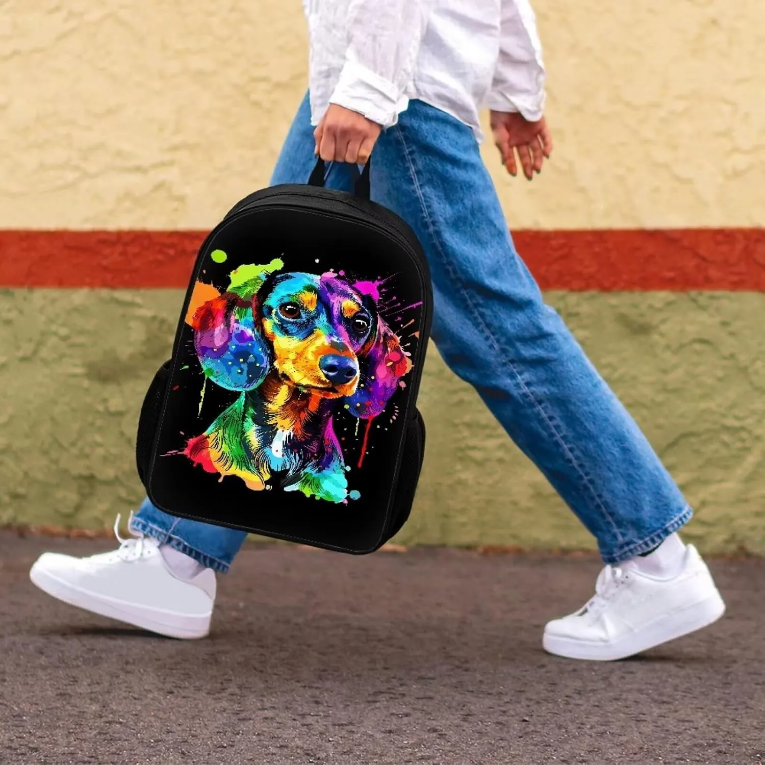 POLERO Splash Painting Dachshund Backpack for Sausage Dog Lovers Kids Bags Bookbag for School 17 Inch Casual Daypack for Men Women Teens