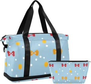 Polka Dot and Bow Reddish Yellow Duffel Bags Weekender Bag with Toiletry Bag for Trip Multifunctional