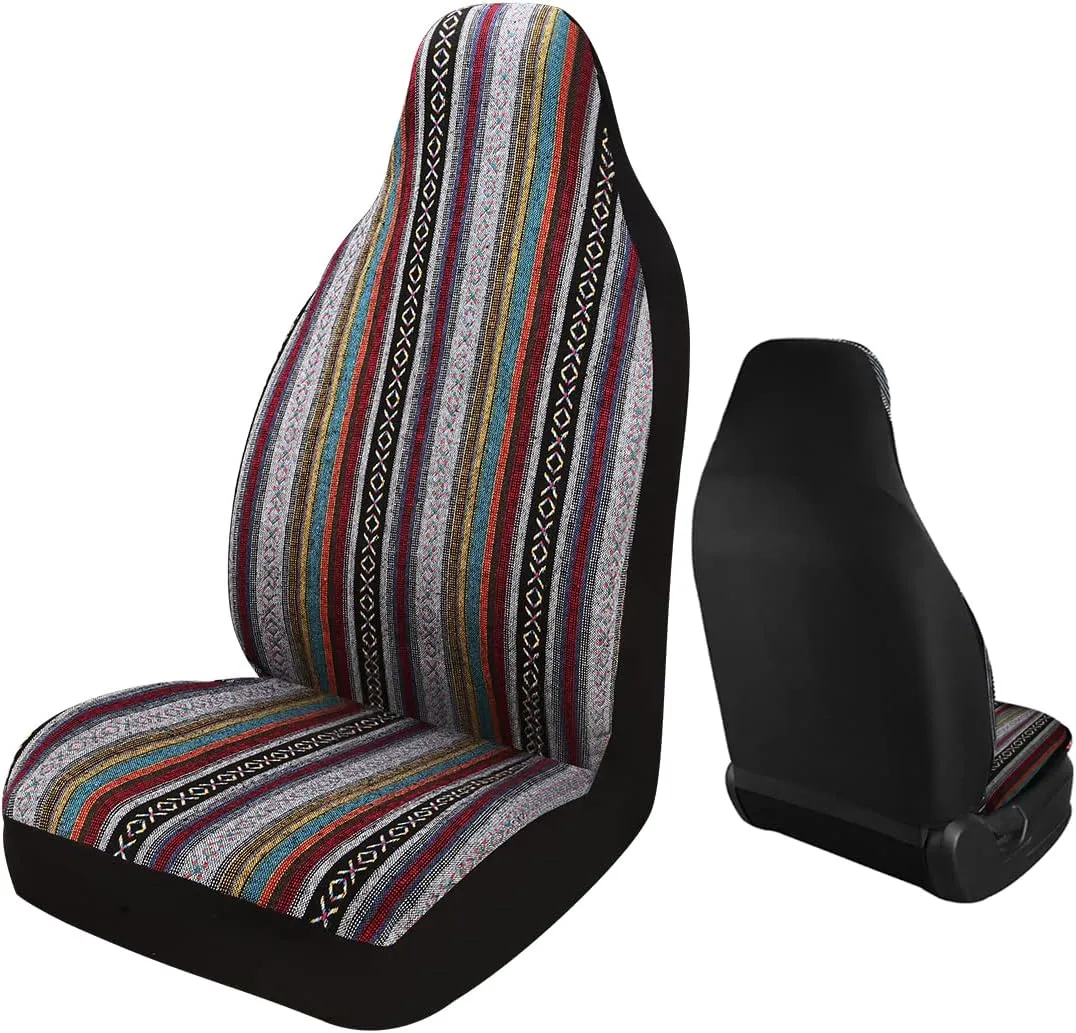 PONYJOYUP Baja Saddle Blanket Car Seat Covers 2PCS Front, Breathable and Washable Striped Woven Automotive Vehicle Seat Cover, Universal Seat Cover for Sedan, SUV, Truck, Airbag Compatible