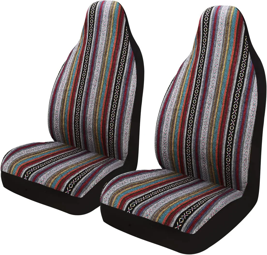 PONYJOYUP Baja Saddle Blanket Car Seat Covers 2PCS Front, Breathable and Washable Striped Woven Automotive Vehicle Seat Cover, Universal Seat Cover for Sedan, SUV, Truck, Airbag Compatible