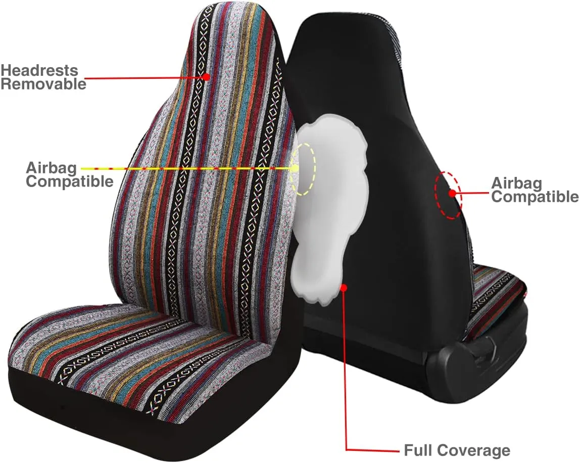 PONYJOYUP Baja Saddle Blanket Car Seat Covers 2PCS Front, Breathable and Washable Striped Woven Automotive Vehicle Seat Cover, Universal Seat Cover for Sedan, SUV, Truck, Airbag Compatible