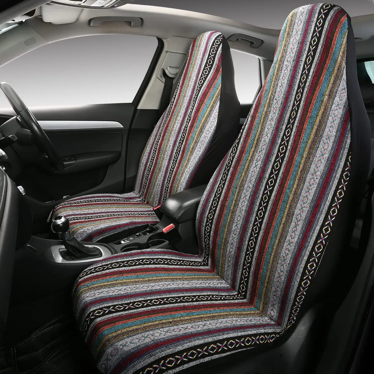 PONYJOYUP Baja Saddle Blanket Car Seat Covers 2PCS Front, Breathable and Washable Striped Woven Automotive Vehicle Seat Cover, Universal Seat Cover for Sedan, SUV, Truck, Airbag Compatible