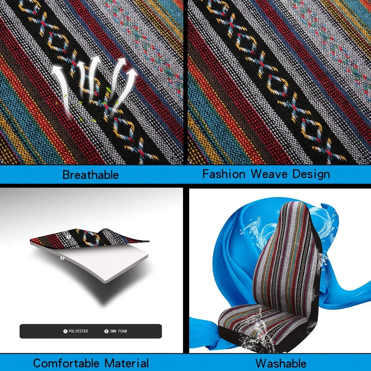 PONYJOYUP Baja Saddle Blanket Car Seat Covers 2PCS Front, Breathable and Washable Striped Woven Automotive Vehicle Seat Cover, Universal Seat Cover for Sedan, SUV, Truck, Airbag Compatible