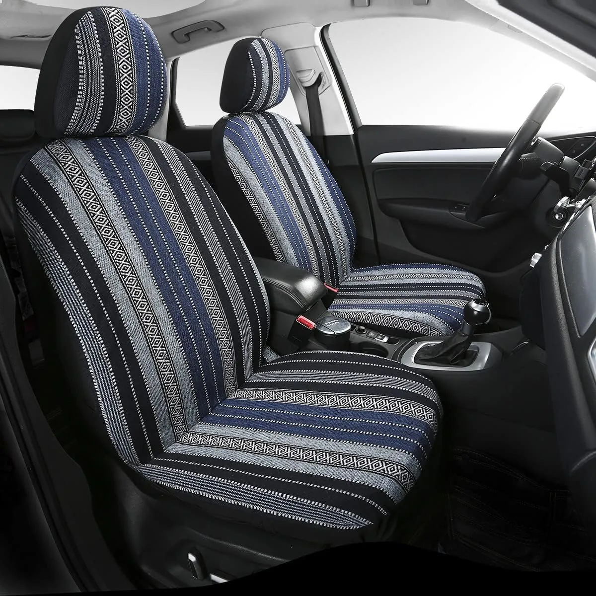 PONYJOYUP Baja Saddle Blanket Car Seat Covers 4PCS Front, Breathable and Washable Striped Woven Automotive Vehicle Universal Seat Cover for Sedan, SUV, Truck, Airbag Compatible
