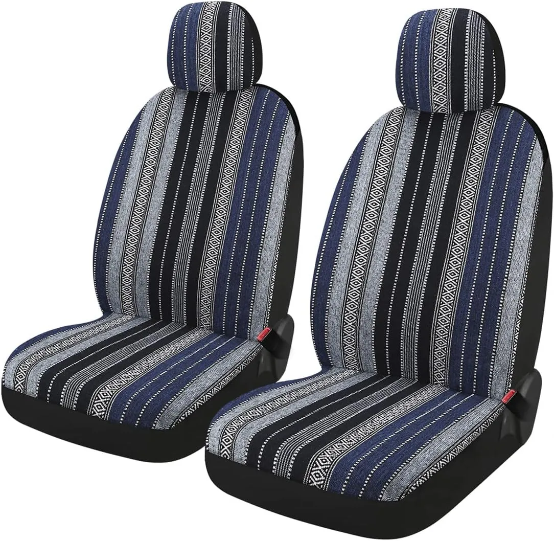 PONYJOYUP Baja Saddle Blanket Car Seat Covers 4PCS Front, Breathable and Washable Striped Woven Automotive Vehicle Universal Seat Cover for Sedan, SUV, Truck, Airbag Compatible