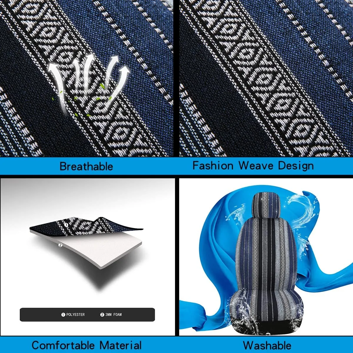 PONYJOYUP Baja Saddle Blanket Car Seat Covers 4PCS Front, Breathable and Washable Striped Woven Automotive Vehicle Universal Seat Cover for Sedan, SUV, Truck, Airbag Compatible