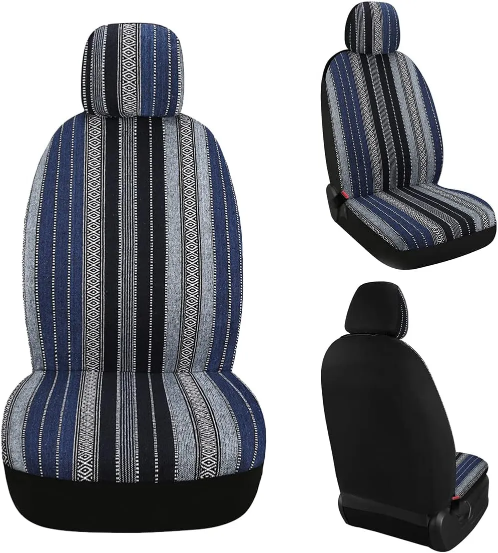 PONYJOYUP Baja Saddle Blanket Car Seat Covers 4PCS Front, Breathable and Washable Striped Woven Automotive Vehicle Universal Seat Cover for Sedan, SUV, Truck, Airbag Compatible