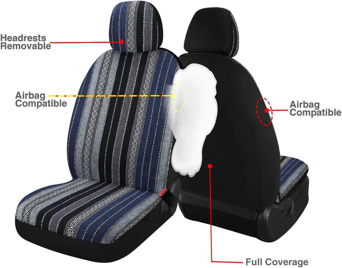 PONYJOYUP Baja Saddle Blanket Car Seat Covers 4PCS Front, Breathable and Washable Striped Woven Automotive Vehicle Universal Seat Cover for Sedan, SUV, Truck, Airbag Compatible