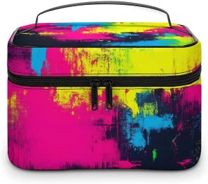 Portable Makeup Bag for Women, Travel Large Cosmetics Toiletry Storage Bag Paint Splatter Dark Colorful Makeup Organizer Case with Handle