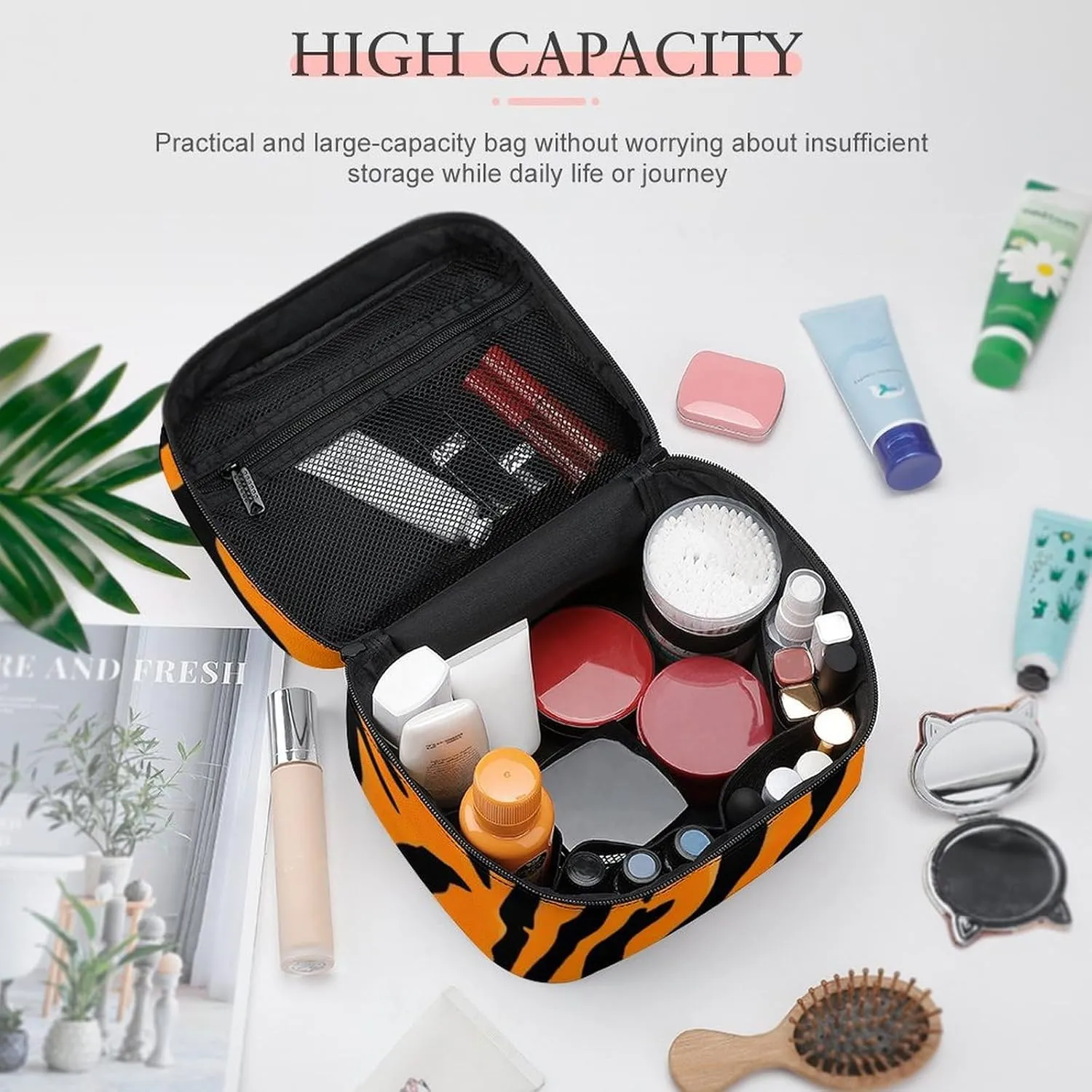 Portable Makeup Bag with Zipper Pouch, Animal Print Tiger Stripe Cosmetic Case Large Capacity Travel Makeup Case Organizer Toiletry Brushes Storage Bag