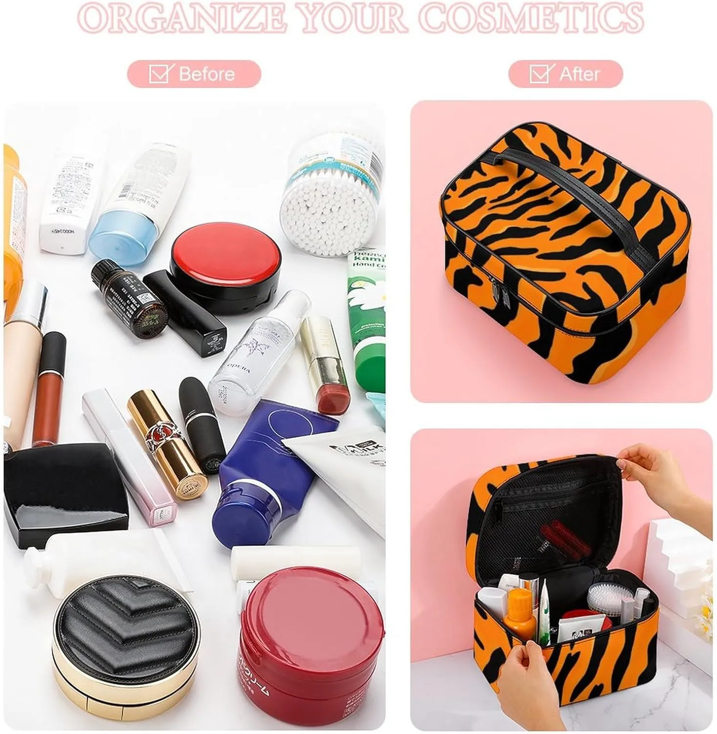 Portable Makeup Bag with Zipper Pouch, Animal Print Tiger Stripe Cosmetic Case Large Capacity Travel Makeup Case Organizer Toiletry Brushes Storage Bag