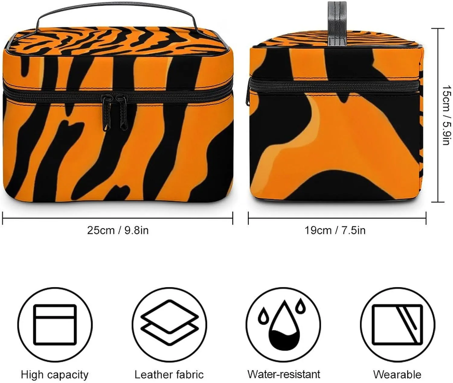 Portable Makeup Bag with Zipper Pouch, Animal Print Tiger Stripe Cosmetic Case Large Capacity Travel Makeup Case Organizer Toiletry Brushes Storage Bag