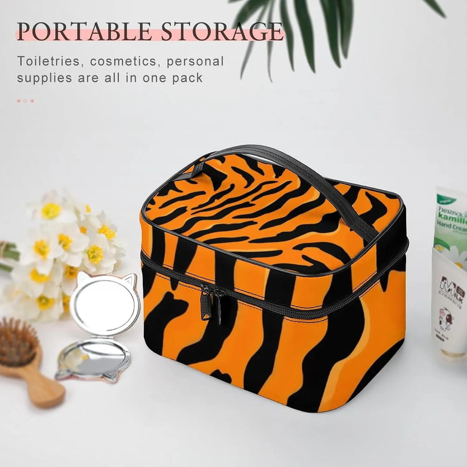 Portable Makeup Bag with Zipper Pouch, Animal Print Tiger Stripe Cosmetic Case Large Capacity Travel Makeup Case Organizer Toiletry Brushes Storage Bag