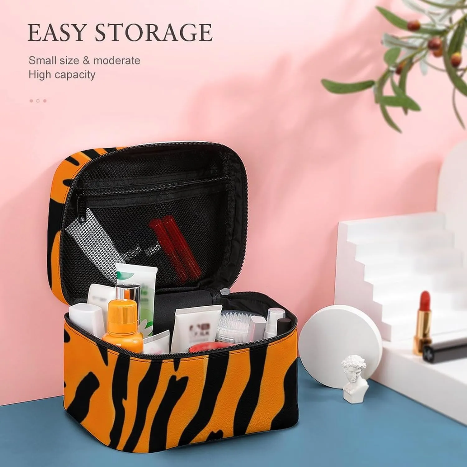 Portable Makeup Bag with Zipper Pouch, Animal Print Tiger Stripe Cosmetic Case Large Capacity Travel Makeup Case Organizer Toiletry Brushes Storage Bag