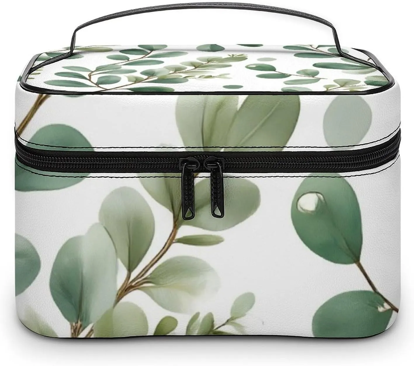 Portable Makeup Bag with Zipper Pouch, Watercolor Sage Green Leaf Cosmetic Case Large Capacity Travel Makeup Case Organizer Toiletry Brushes Storage Bag